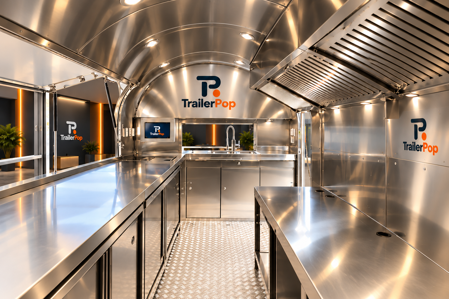 Stainless steel kitchen interior with a curved roof, left serving hatch and right extraction hood